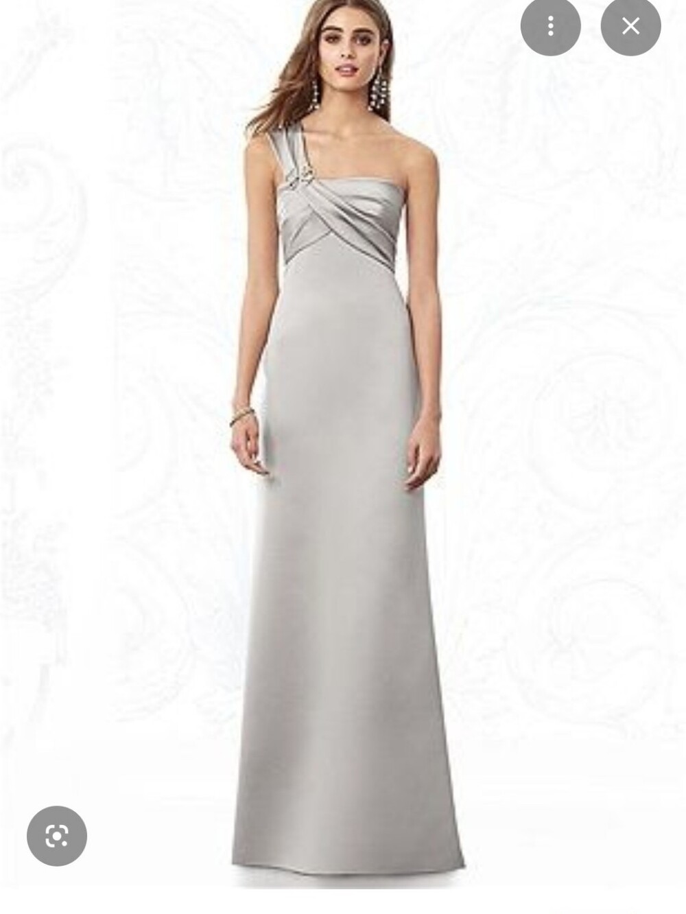 Size 10 silvery grey sleek satin one-shoulder sheath gown w/ elegant draping NWT